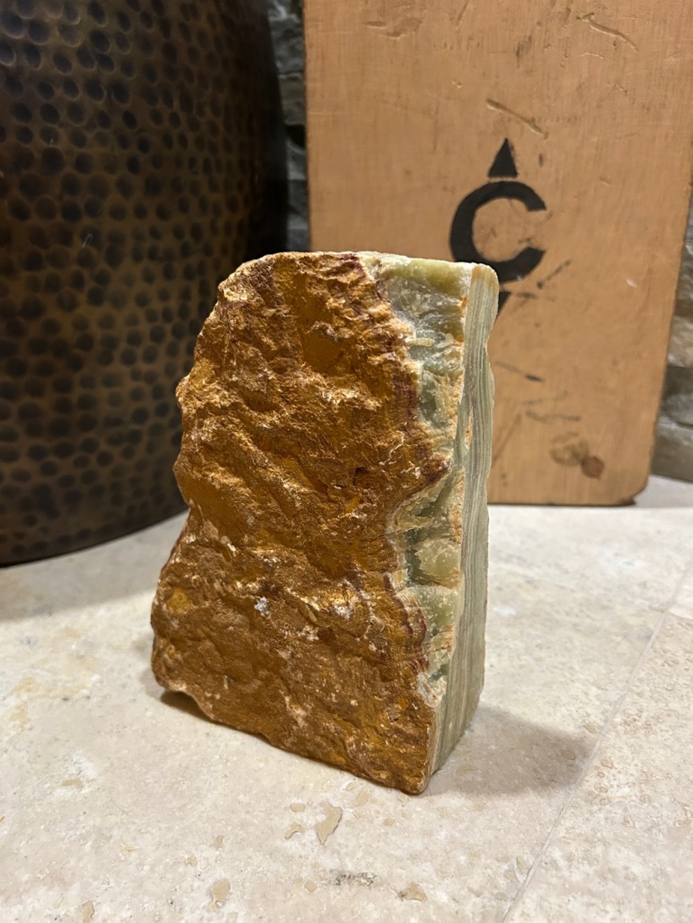 Onyx Brown and Cream Layered Stone Sculpture or Bookend